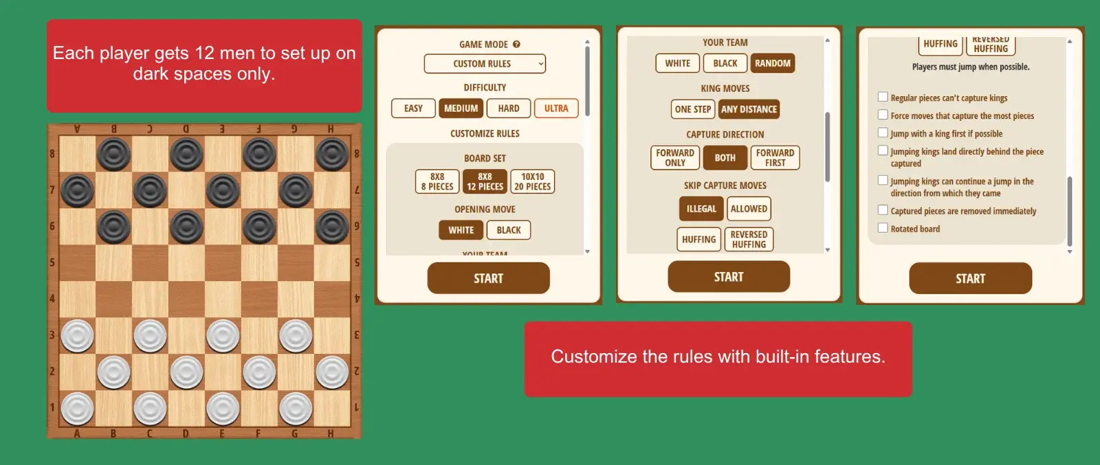 Checkers setup on Solitaire Bliss